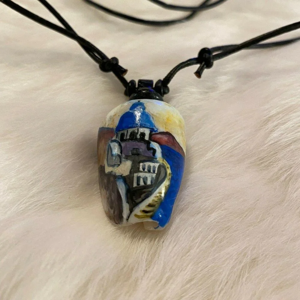 Vtg Shell Hand Painted‎ Necklace Light House Sea Shore Beach Adjustable 5206